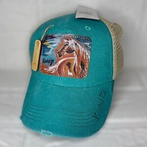 New Rural Heart Sunset Palomino Stonewashed Cap Horse Patch Trucker Hat Velcro